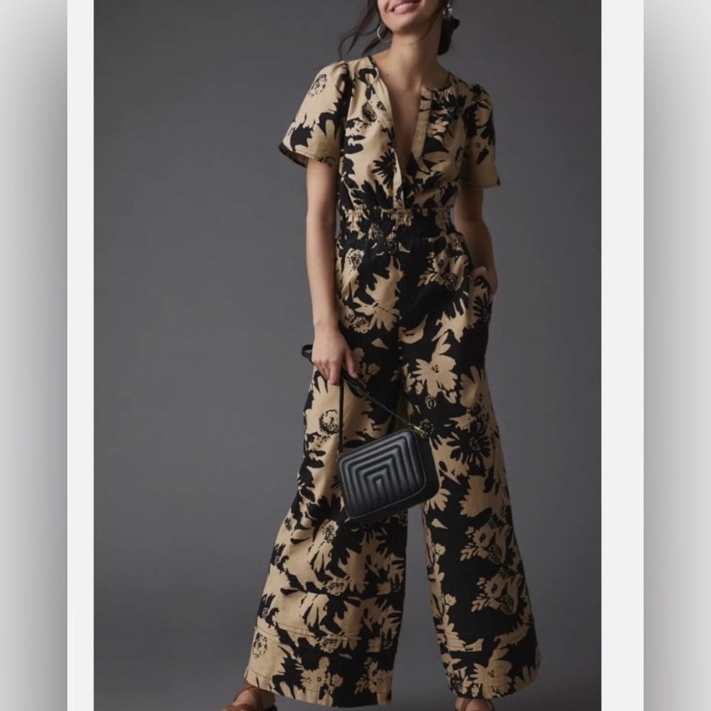 Anthropologie Black and Cream Floral Jumpsuit
